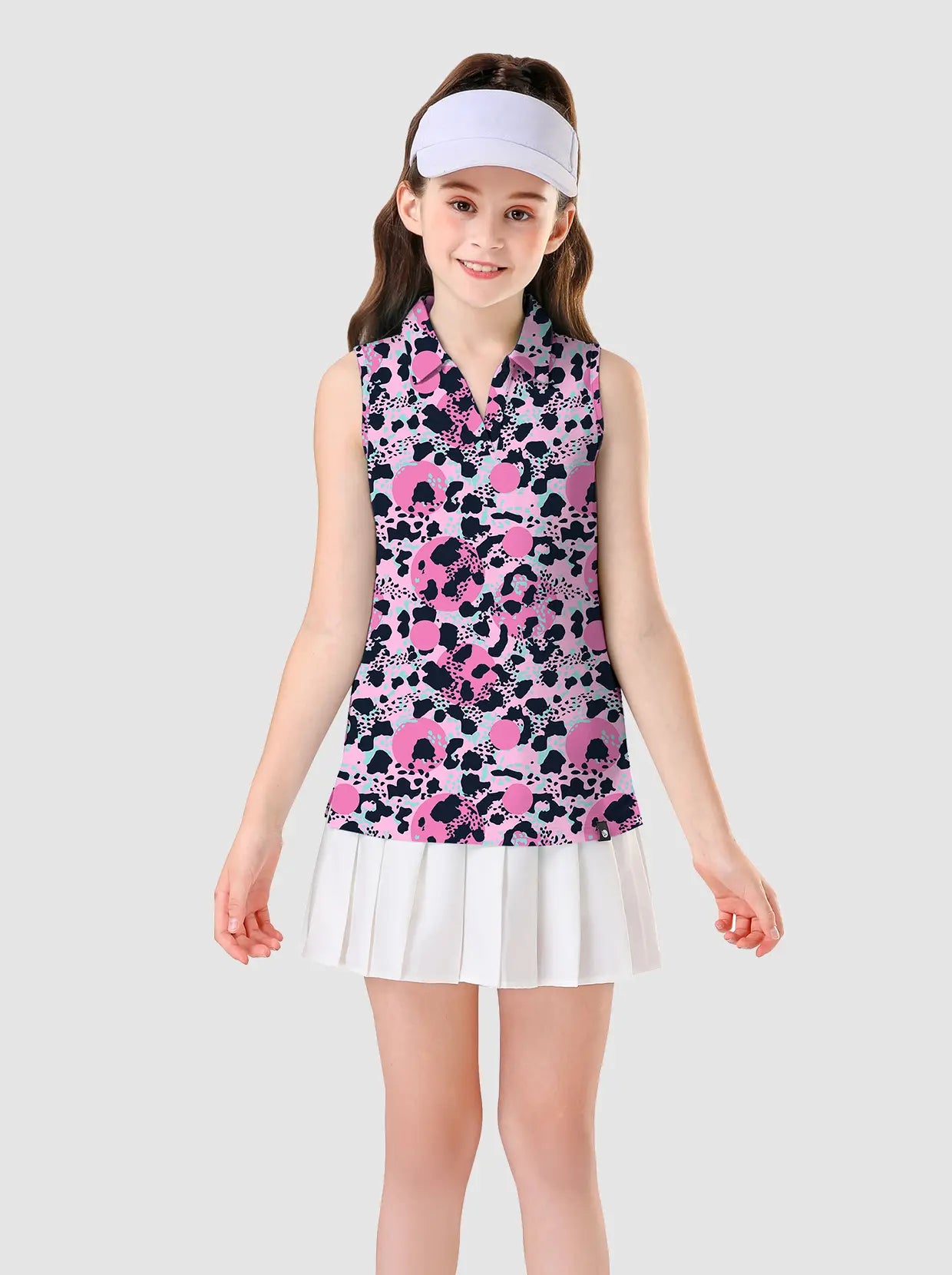 Girls Black Leopard Print V-neck Sleeveless Polo Shirt