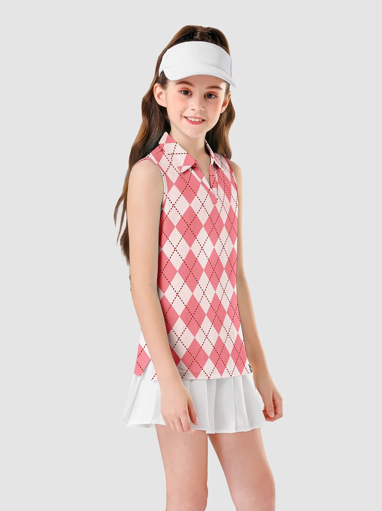 Pink Checkerboard V-neck Sleeveless Polo Shirt for Girls 