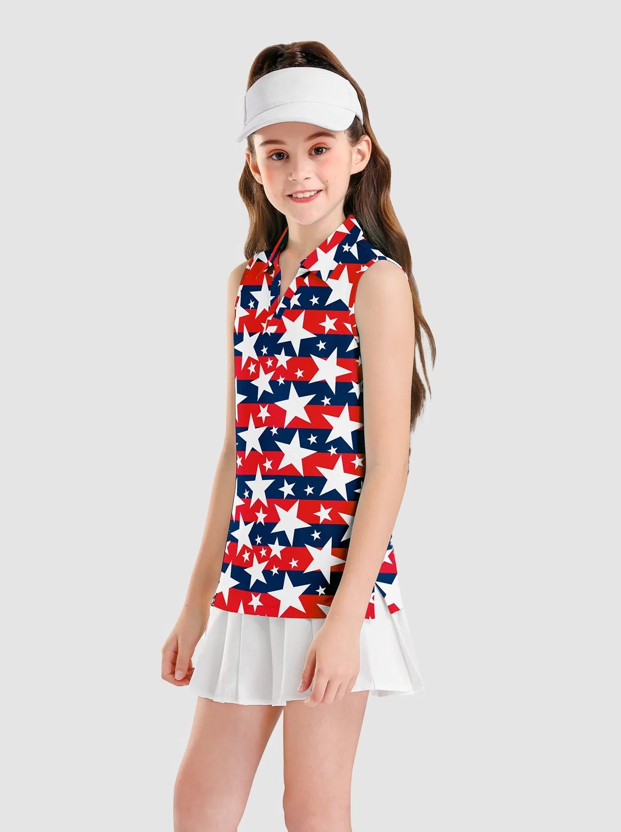 White Star V-neck Sleeveless Polo Shirt for Girls 