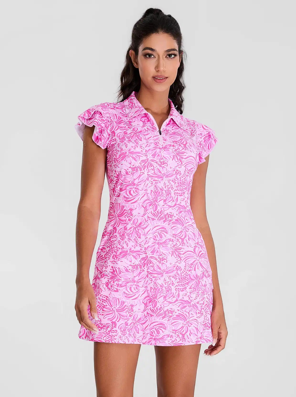 Pink Floral Ruffle Sleeve Tennis Dress with Shorts - Suitable for Sports