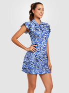 Blue Abstract Quarter-zip Ruffle Short Sleeve Dress with Pockets 