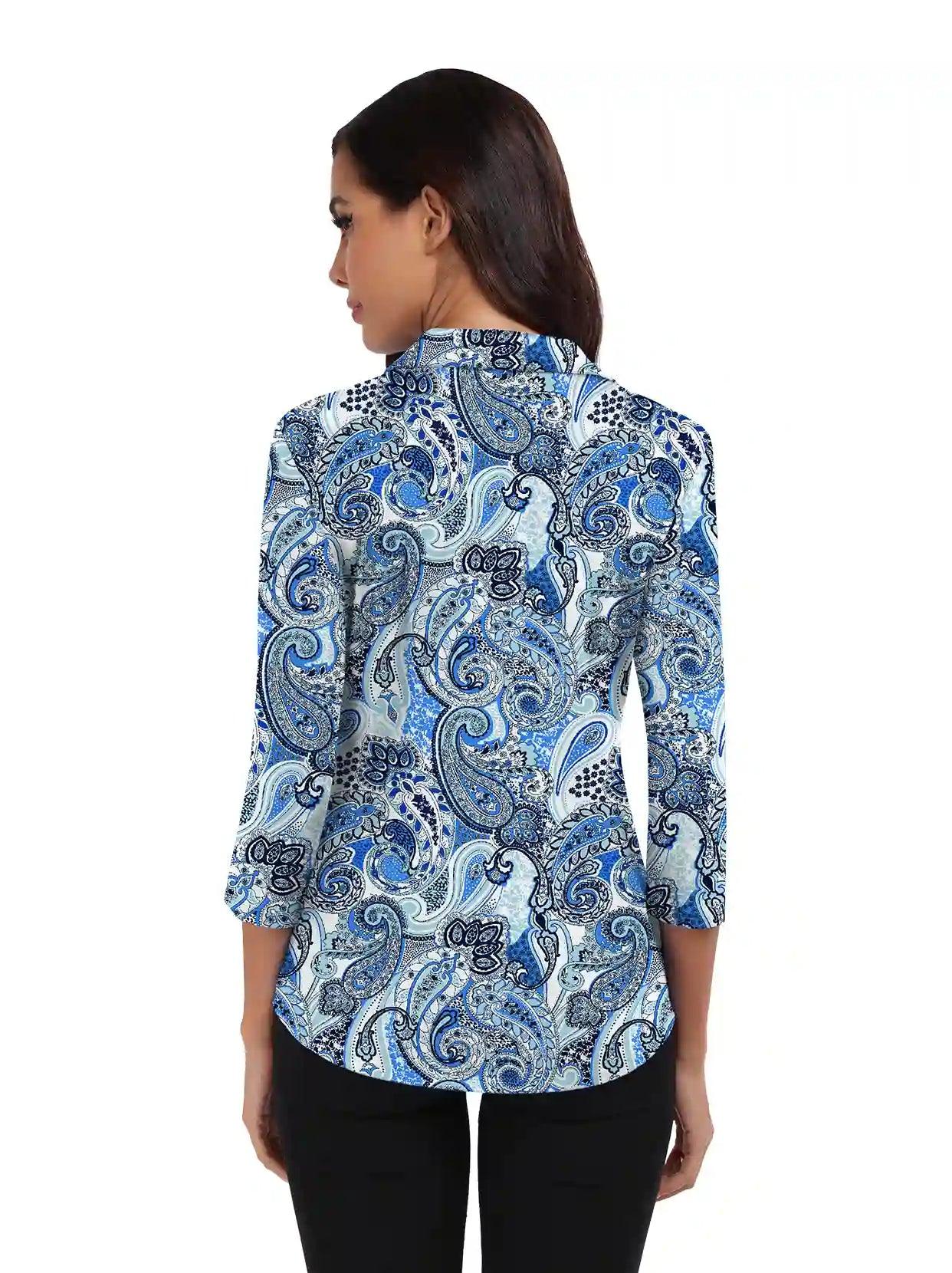 Blue Paisley 3/4 Sleeve V-neck Polo Shirt - Suitable for Casual outings