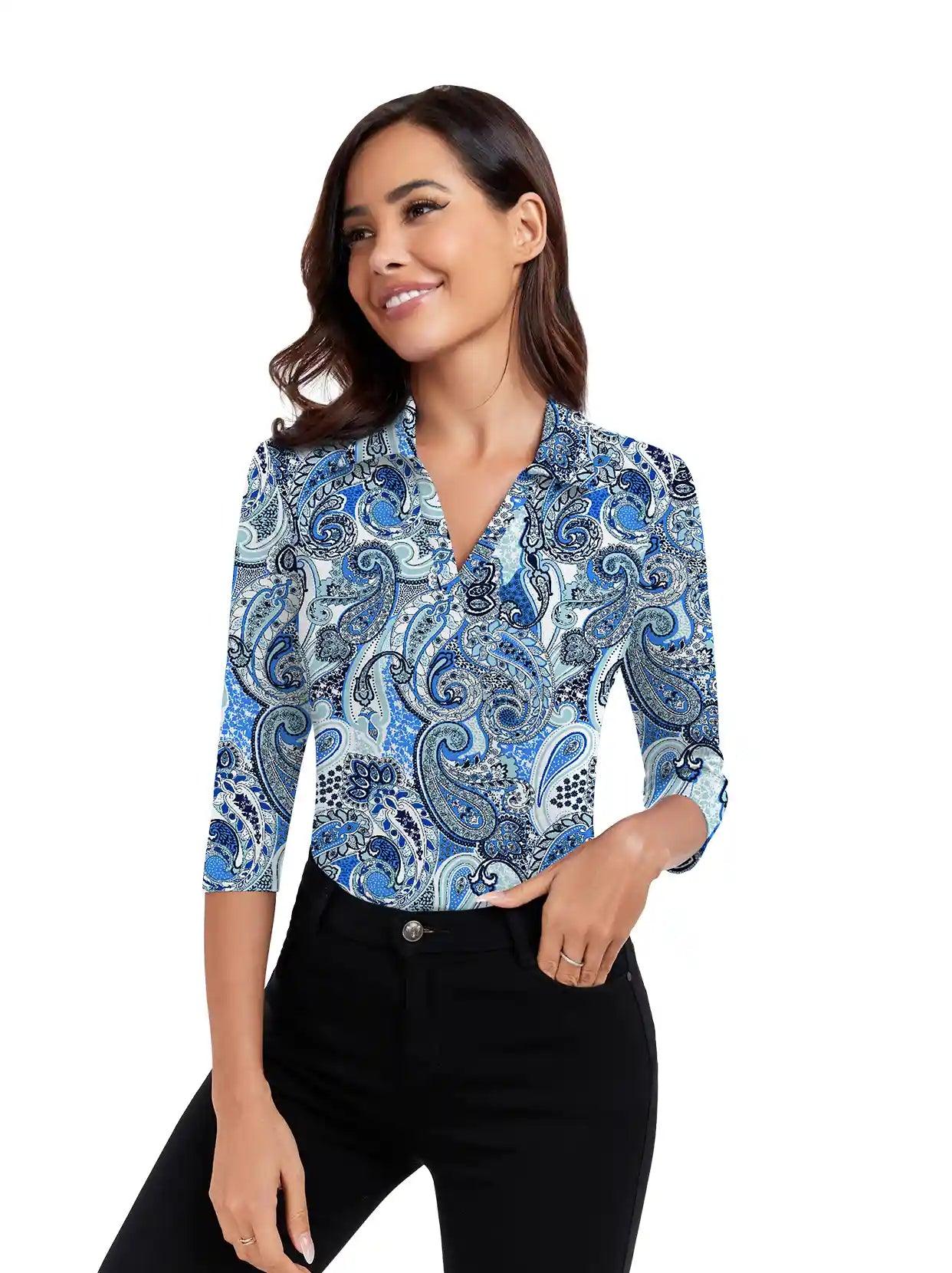 Blue Paisley 3/4 Sleeve V-neck Polo Shirt - Suitable for Casual outings