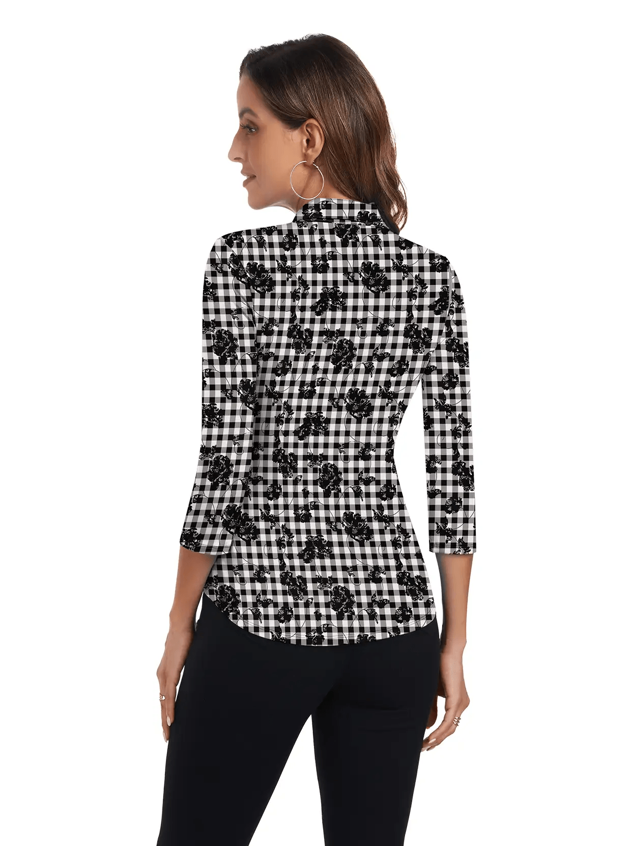 Black and White Checkerboard 3/4 Sleeve Button-down Polo Shirt - Suitable for Outgoings