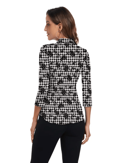 Black and White Checkerboard 3/4 Sleeve Button-down Polo Shirt - Suitable for Outgoings