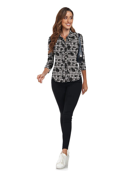 Black and White Checkerboard 3/4 Sleeve Button-down Polo Shirt - Suitable for Outgoings