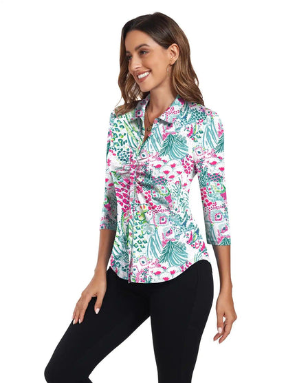 Retro Botanical 3/4 Sleeve Button down Polo Shirt - Suitable for Tennis