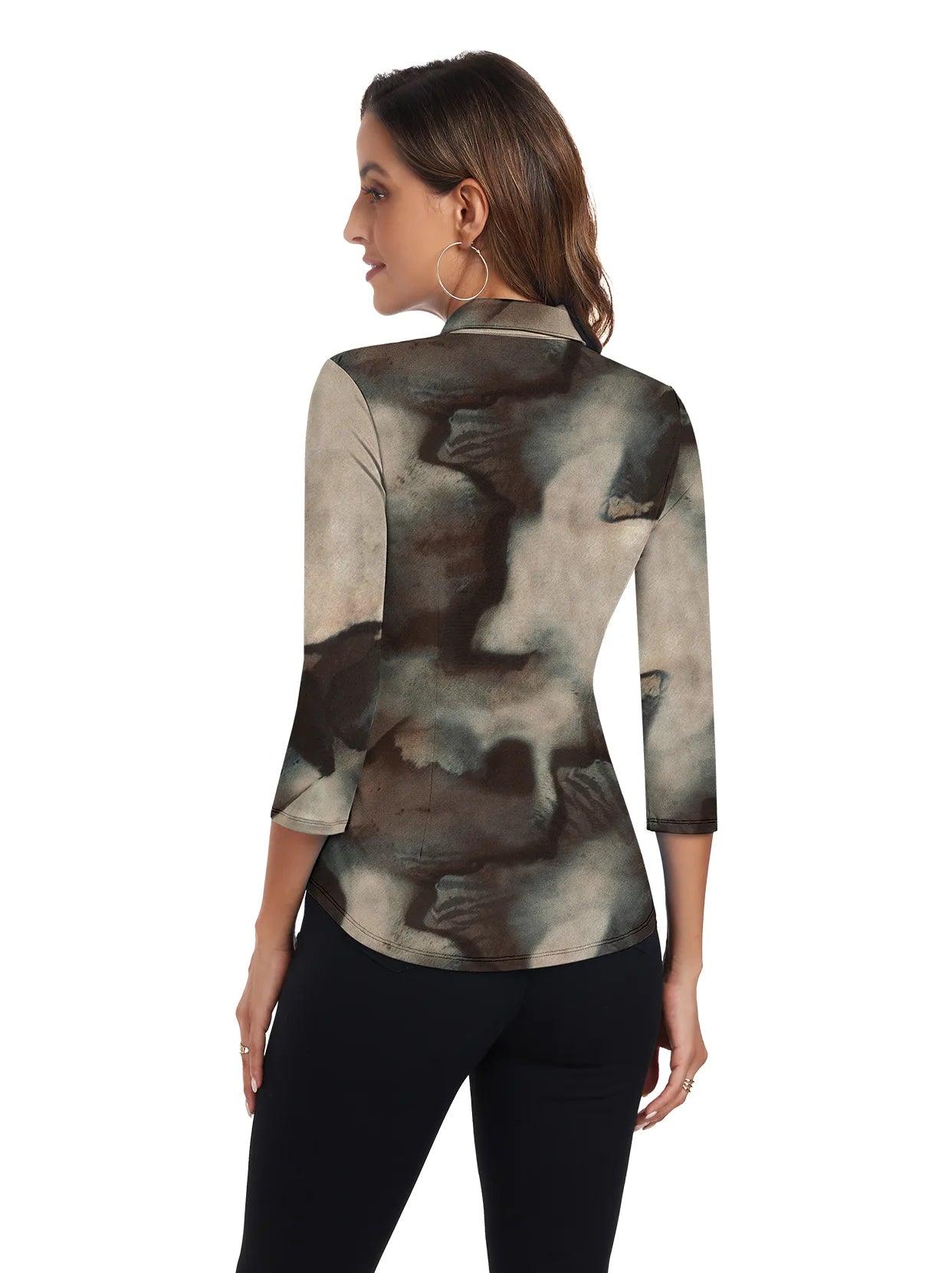 Abstract Grey Print 3/4 Sleeve Button-down Polo Shirt - Suitable for Travel