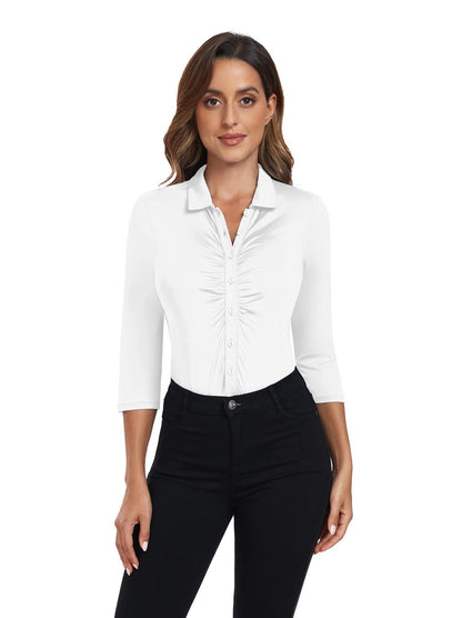 Solid White 3/4 Sleeve Button-down Polo Shirt - Suitable for Office