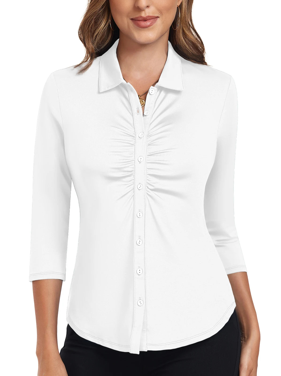 Solid White 3/4 Sleeve Button-Down Pleated Design Polo Shirt