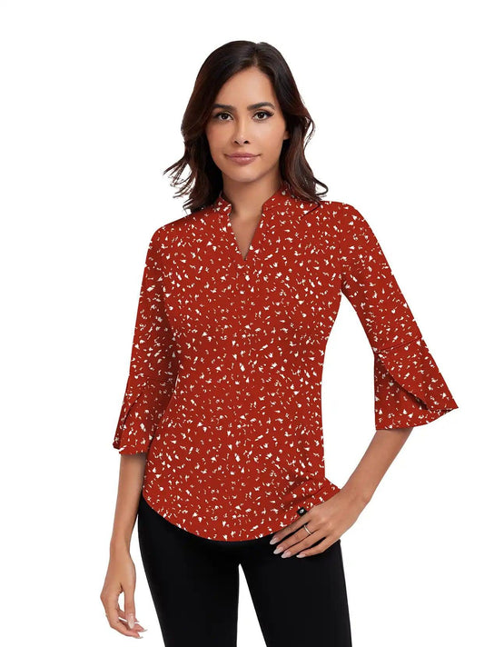 Women's  Stand Collar 3/4 Ruffle Sleeve Shirt