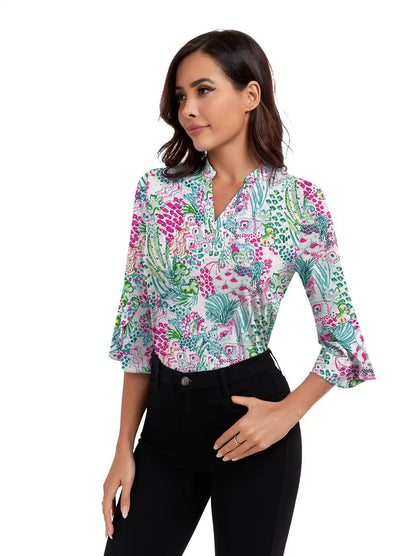 Retro Botanical Stand Collar V-neck 3/4 Sleeve Shirt - Suitable for Sports