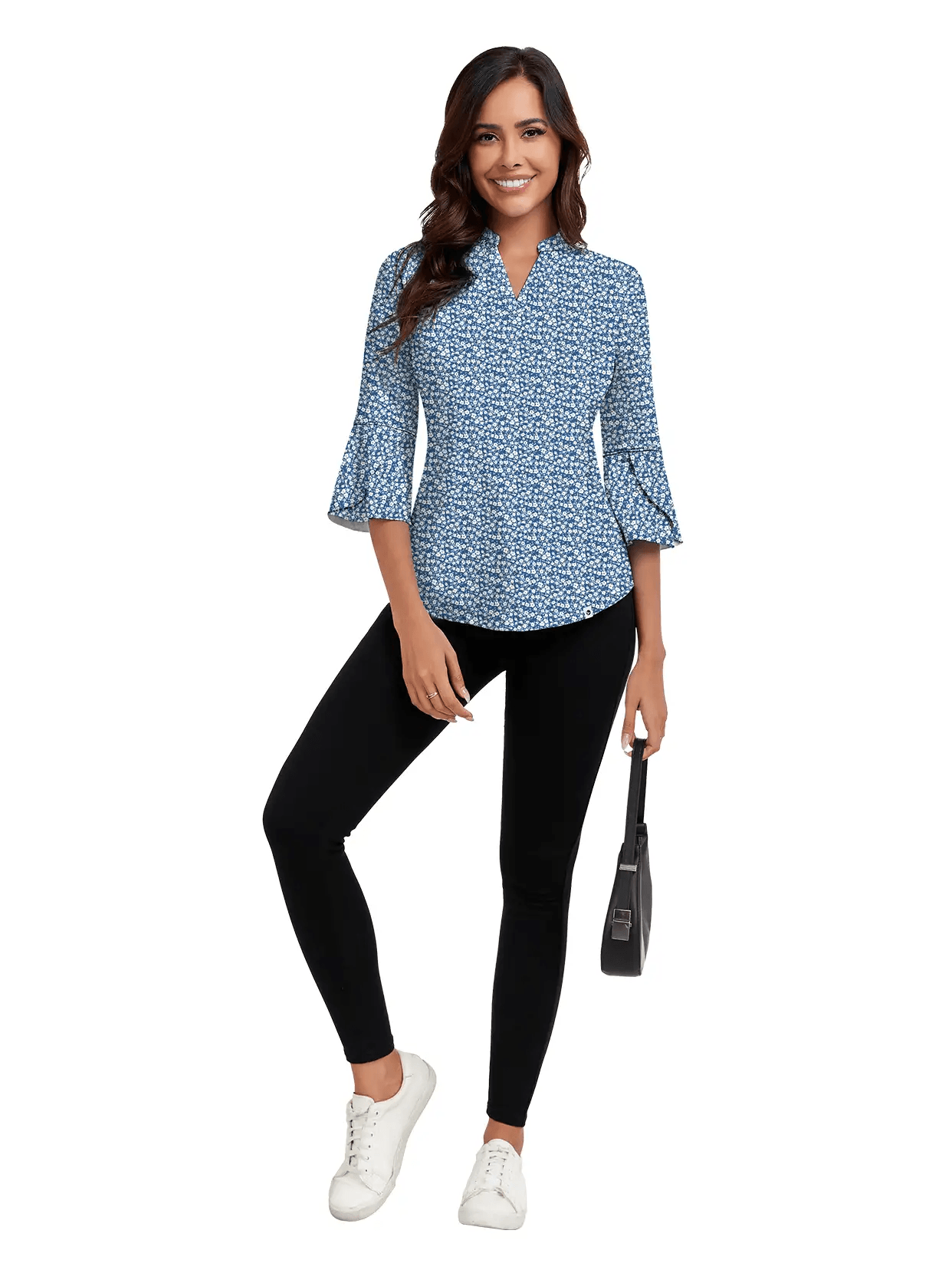 White Flower on Blue Background  V-neck 3/4  Sleeve Golf Shirt for Causal