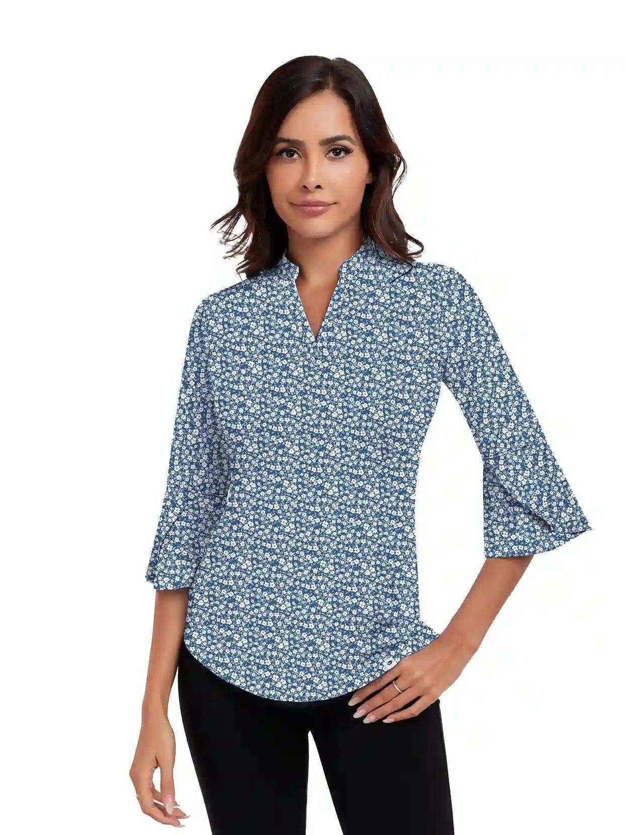 Women's  Stand Collar 3/4 Ruffle Sleeve Shirt