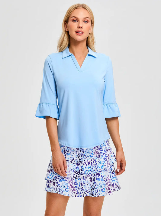 Solid Blue V-neck 3/4 Sleeve Golf Polo Shirt For Women