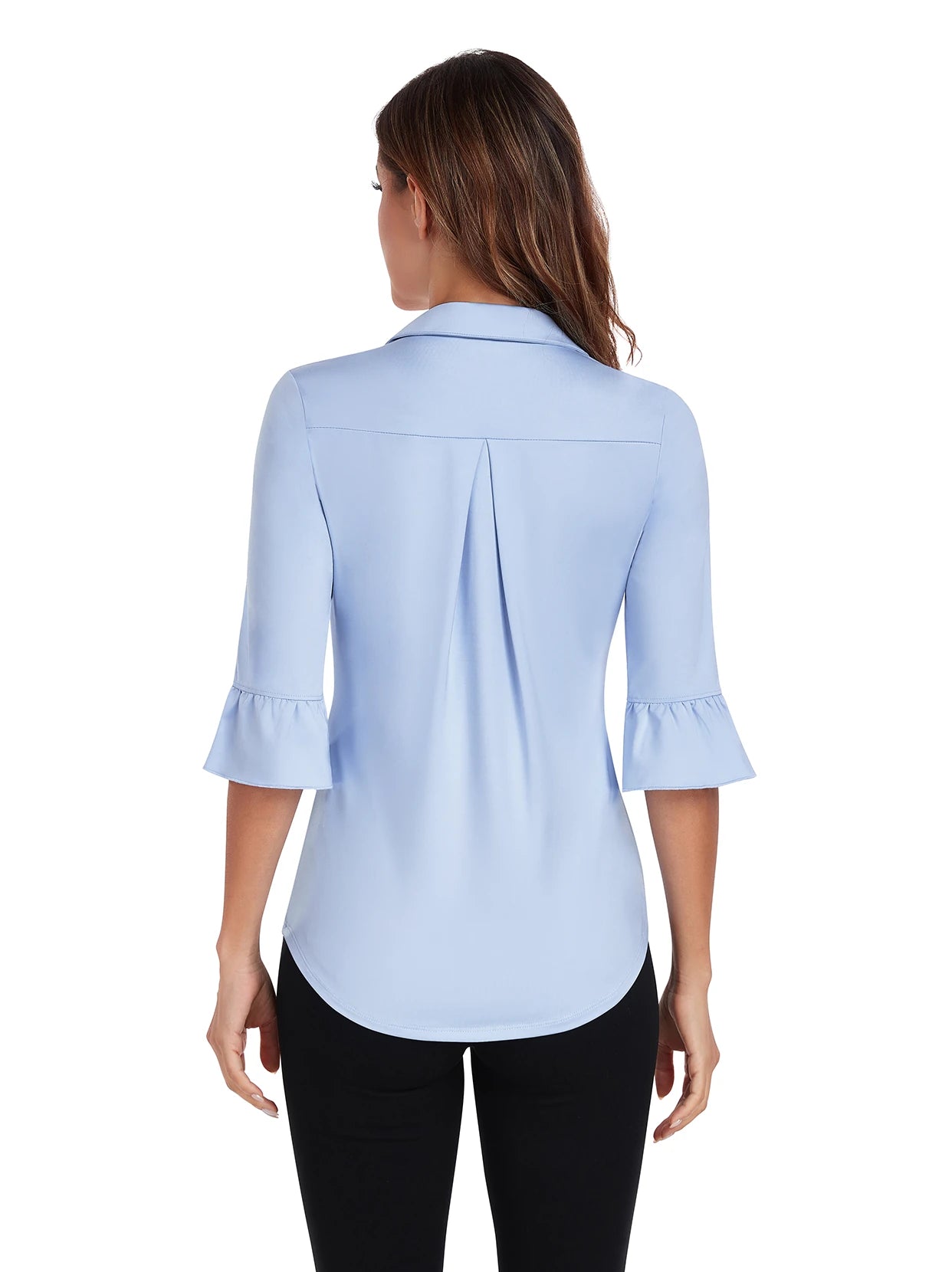 Solid Blue V-neck 3/4 Sleeve Golf Polo Shirt For Women