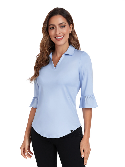 Solid Blue V-neck 3/4 Sleeve Golf Polo Shirt For Women