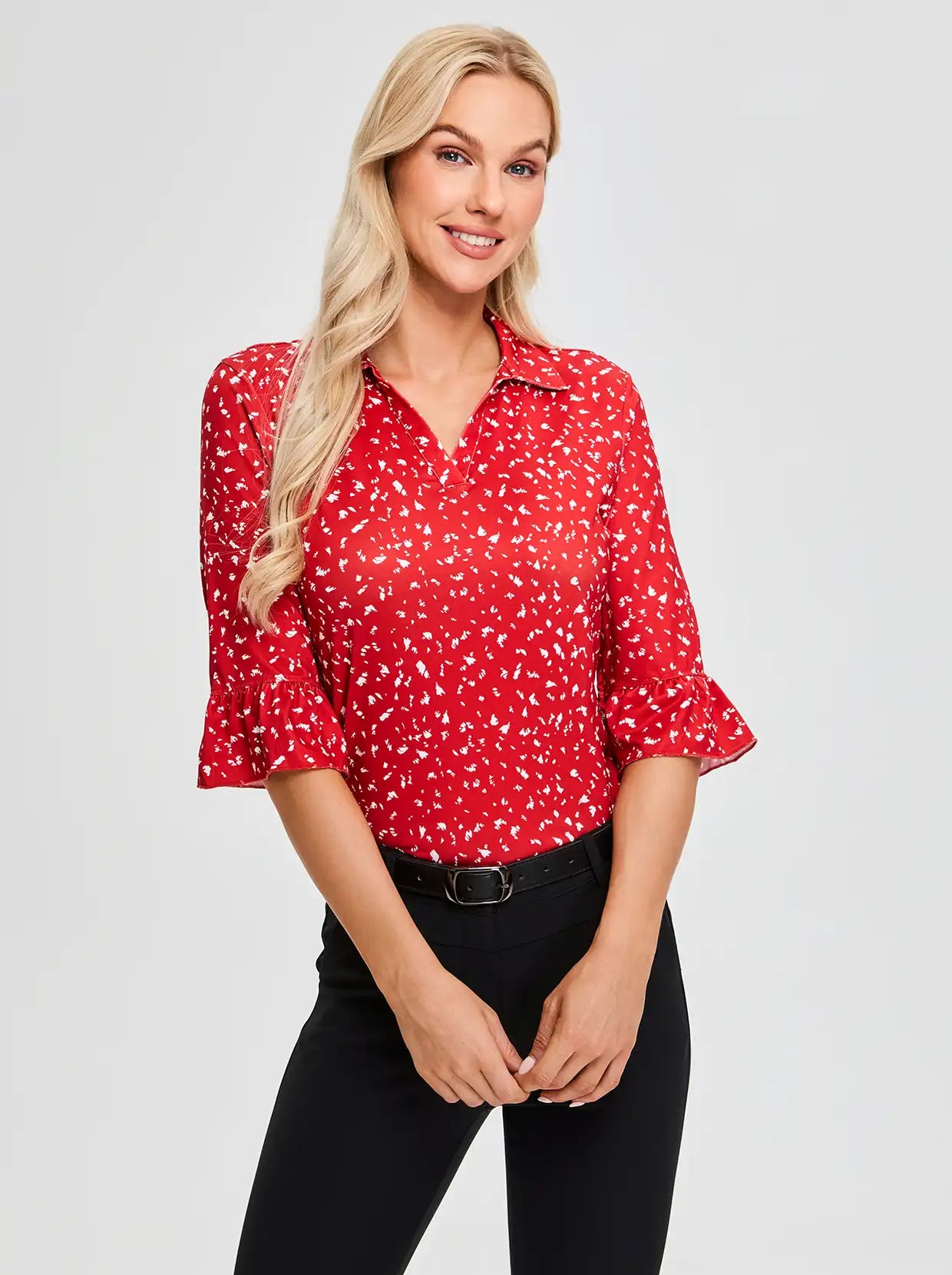 Red Print V-neck 3/4 Sleeve Golf Polo Shirt For Women