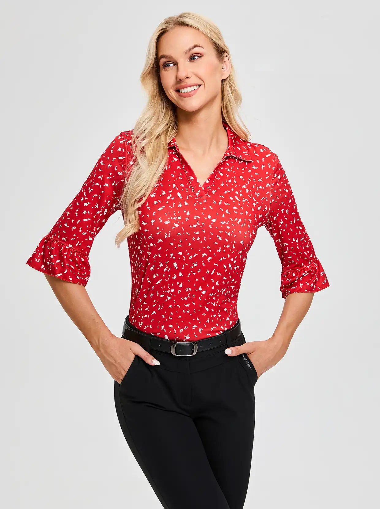 Red Print V-neck 3/4 Sleeve Golf Polo Shirt For Women