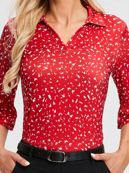 Red Print V-neck 3/4 Sleeve Golf Polo Shirt For Women