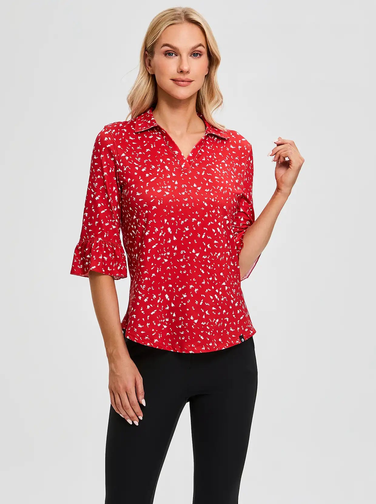 Red Print V-neck 3/4 Sleeve Golf Polo Shirt For Women