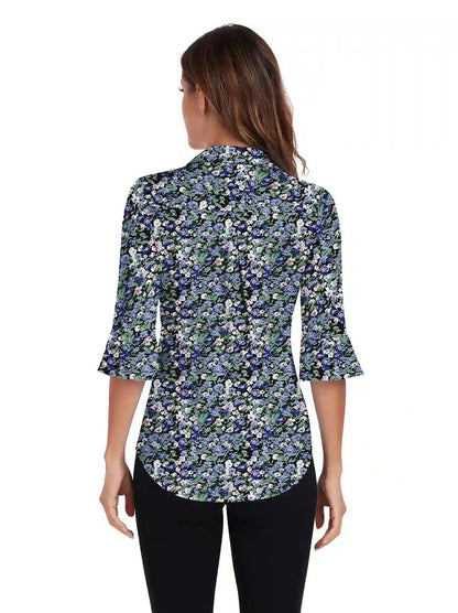 Blue Flower Ruffled 3/4 Sleeve V-neck Polo Shirt for Women