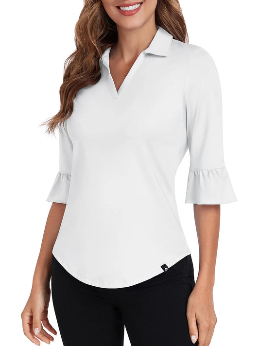 Women Solid White V-neck Ruffled 3/4 Sleeve Polo Shirt