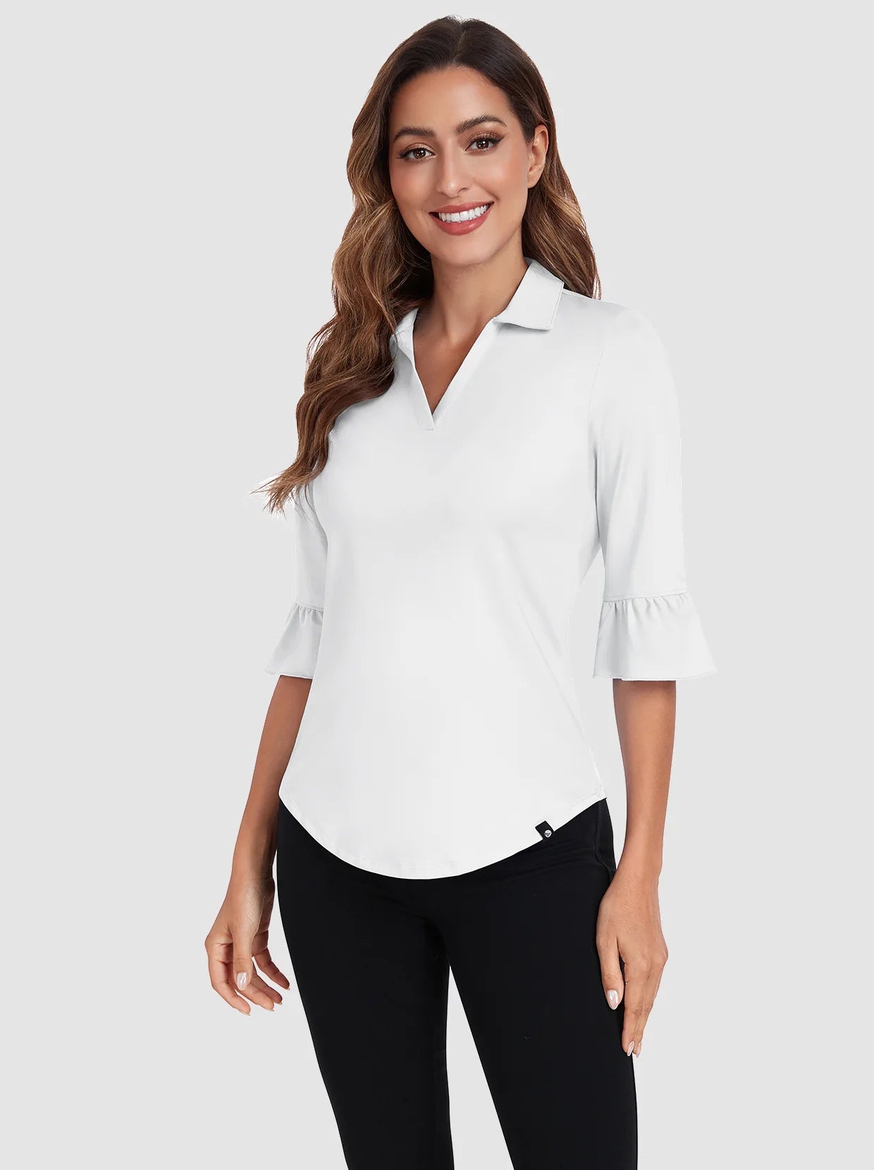 Women Solid White V-neck Ruffled 3/4 Sleeve Polo Shirt