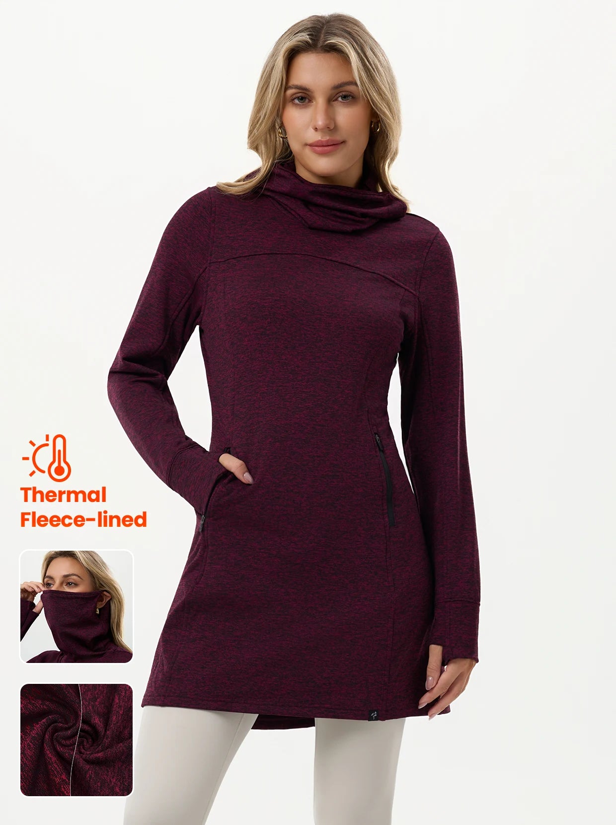 Thermal Cowl-neck Long-sleeve Fleece Dress