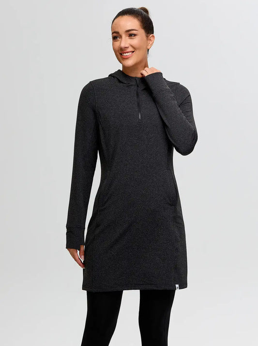 Quarter-zip Hooded Long-sleeve Fleece Dress for Women