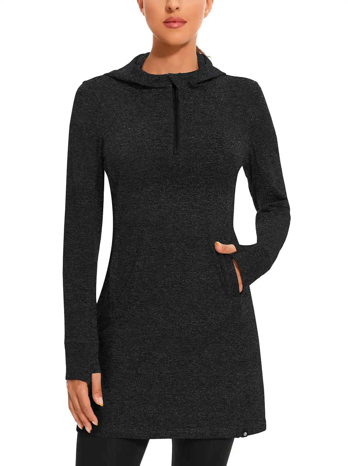 Quarter-zip Hooded Long-sleeve Fleece Dress for Women