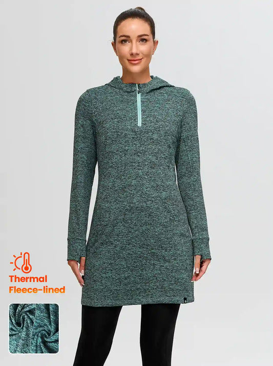 Quarter-zip Hooded Long-sleeve Fleece Dress for Women