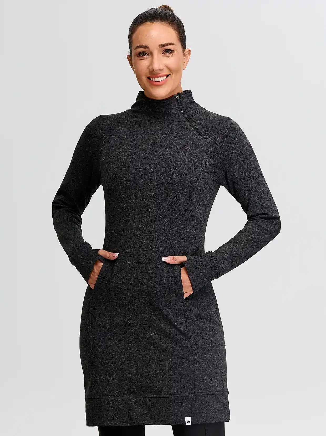 Side-zip Mock Neck Long-sleeve Fleece Dress for Women