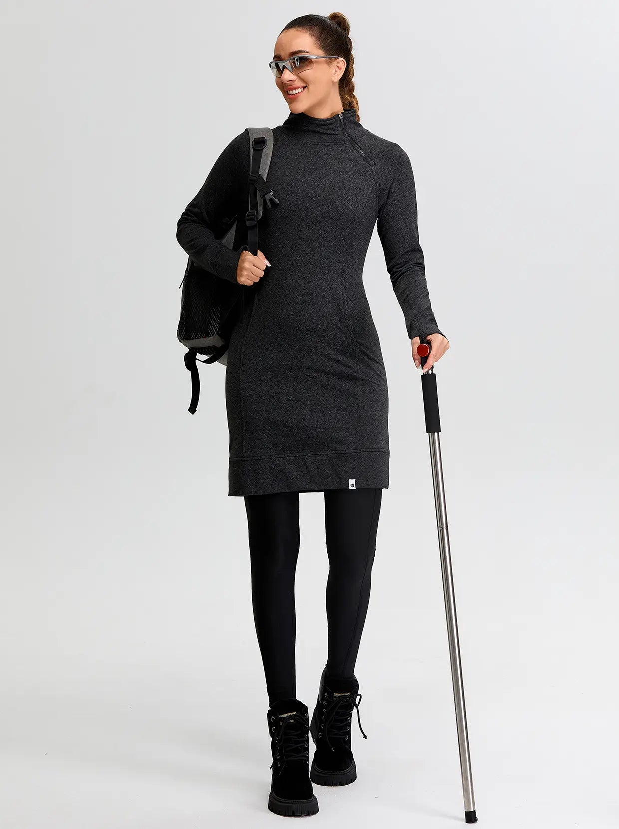 Side-zip Mock Neck Long-sleeve Fleece Dress for Women