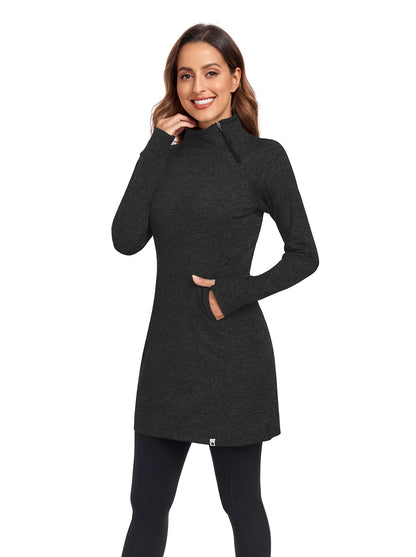 Side-zip Mock Neck Long-sleeve Fleece Dress for Women