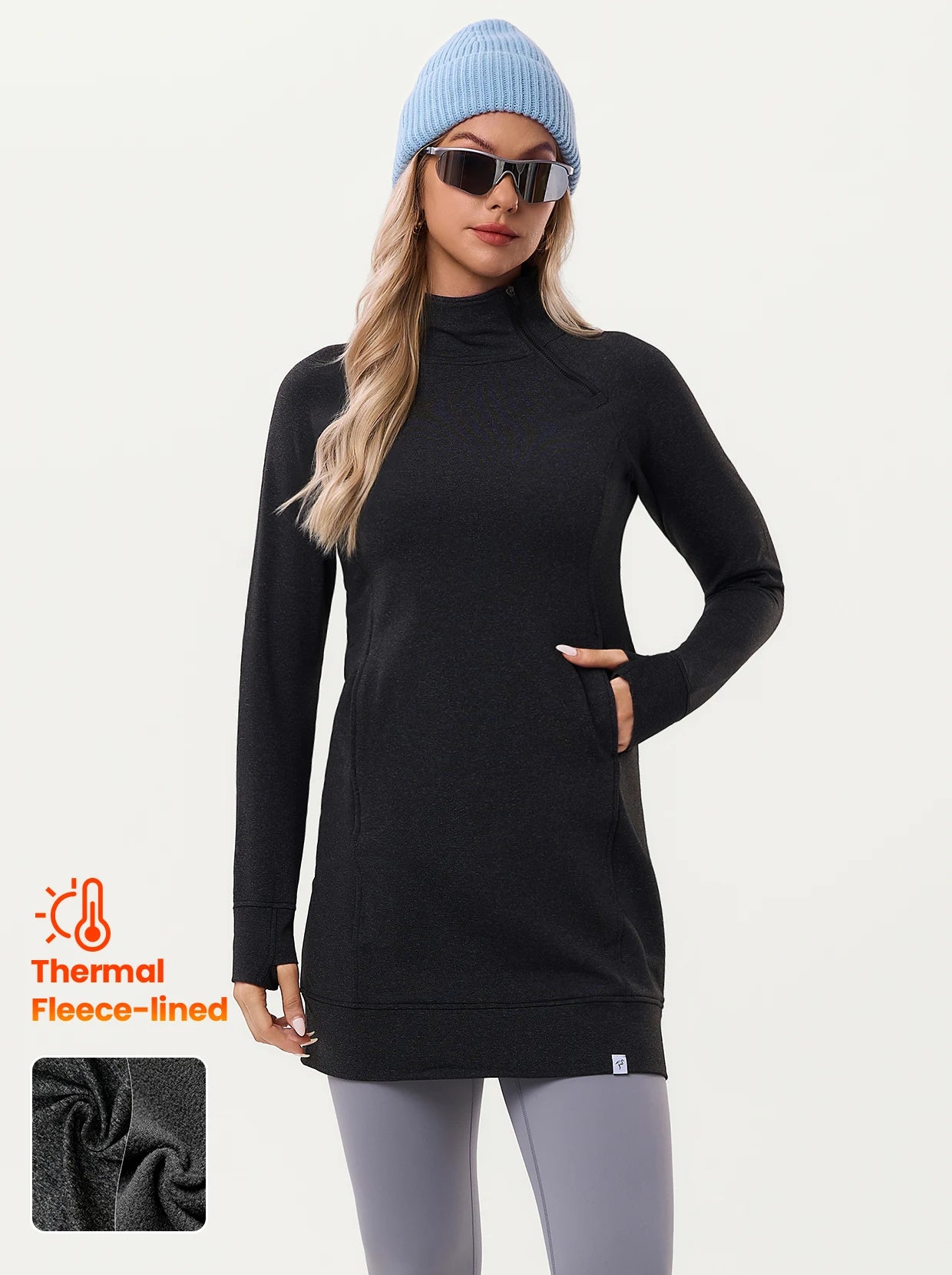 Side-zip 35" Mock Neck Long-sleeve Fleece Dresses