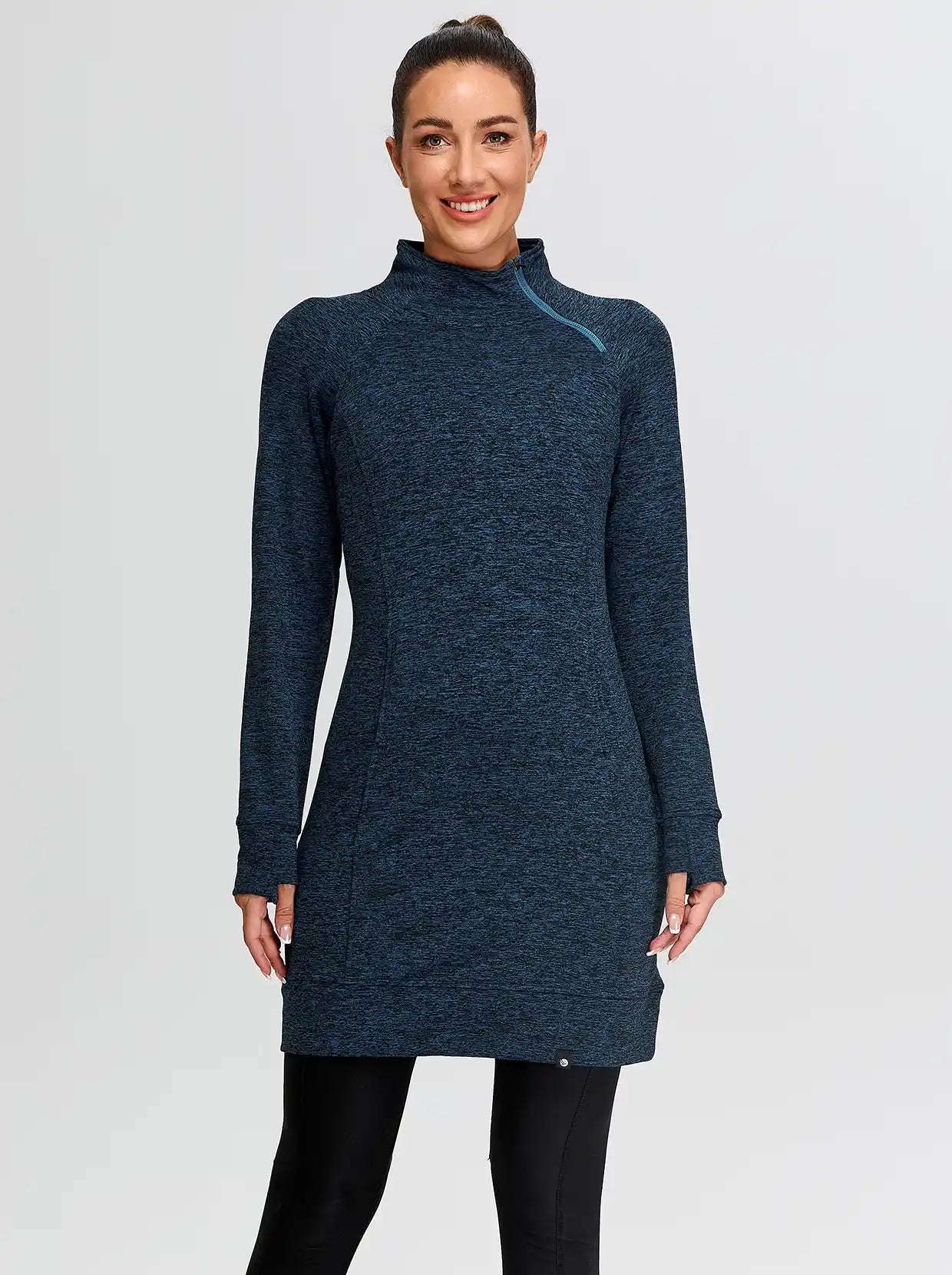 Side-zip Mock Neck Long-sleeve Fleece Dress for Women