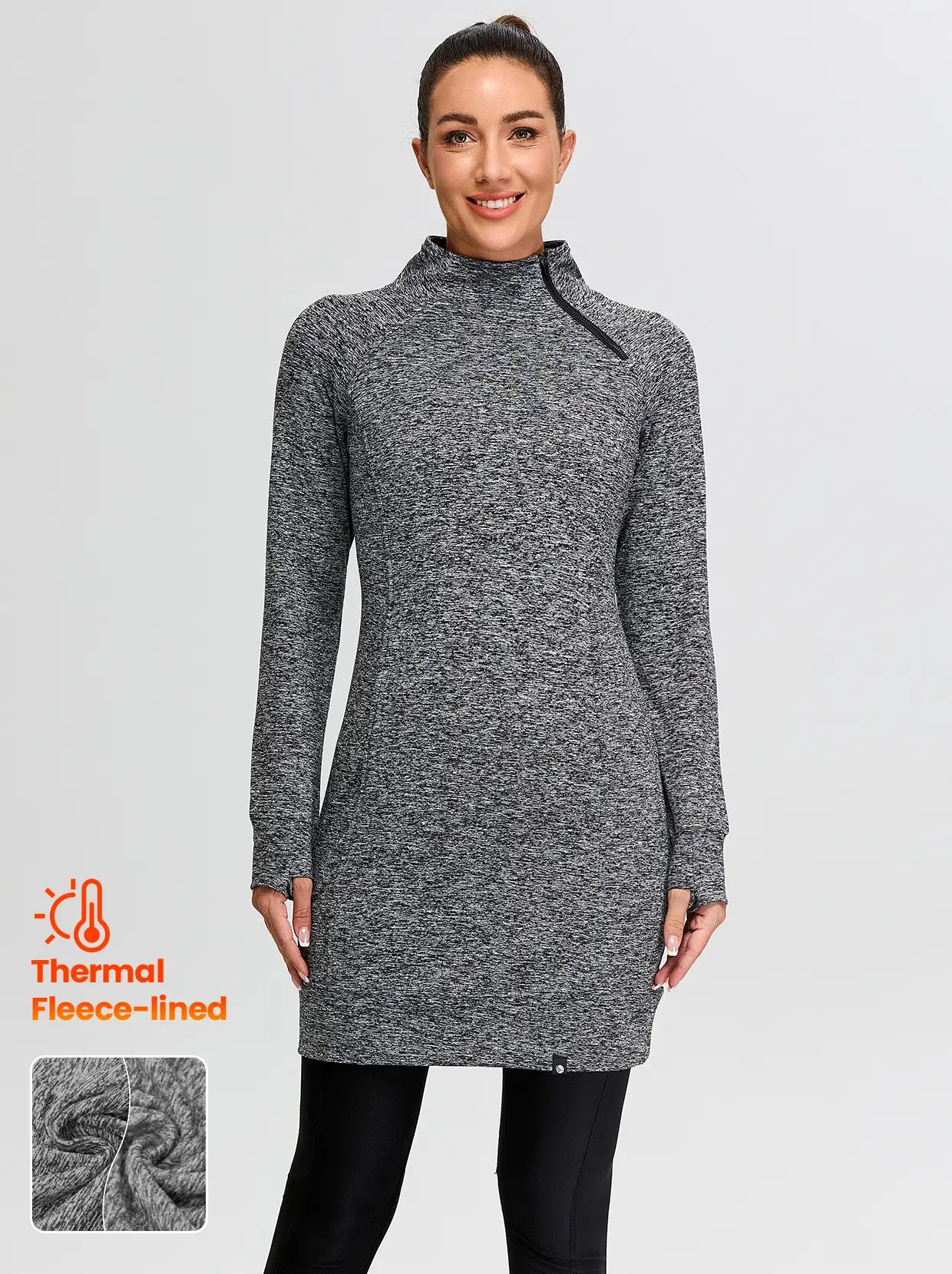 Side-zip 35" Mock Neck Long-sleeve Fleece Dresses