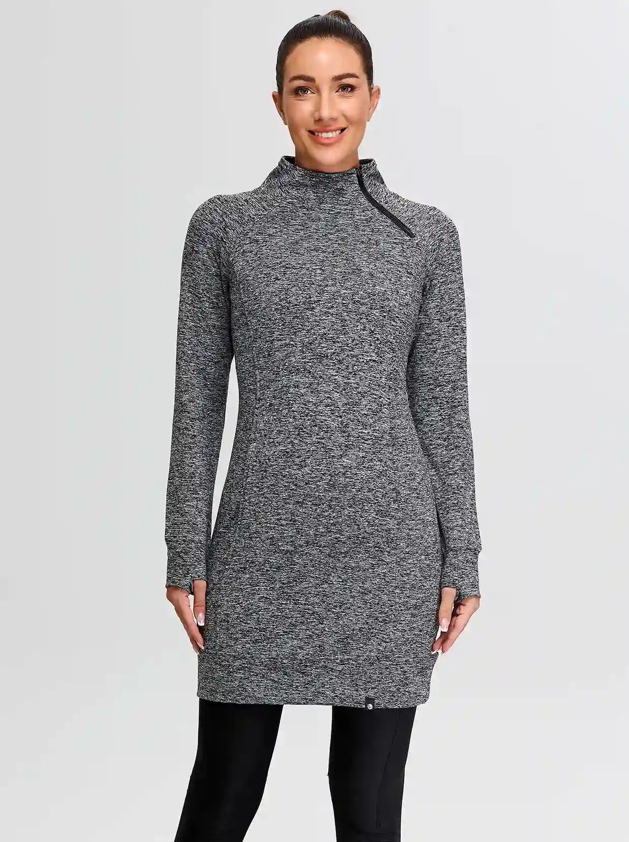 Side-zip Mock Neck Long-sleeve Fleece Dress for Women