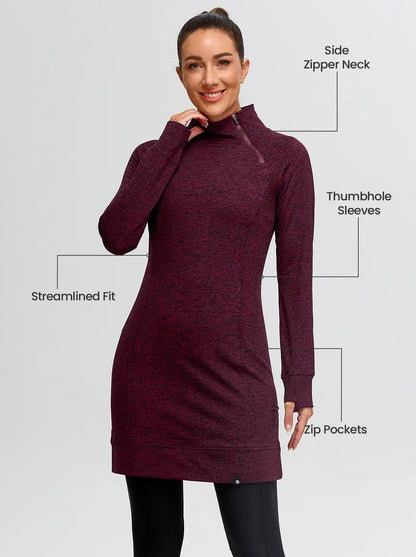 Ladies Side-zip Long-sleeve Thermal Dress with Pockets