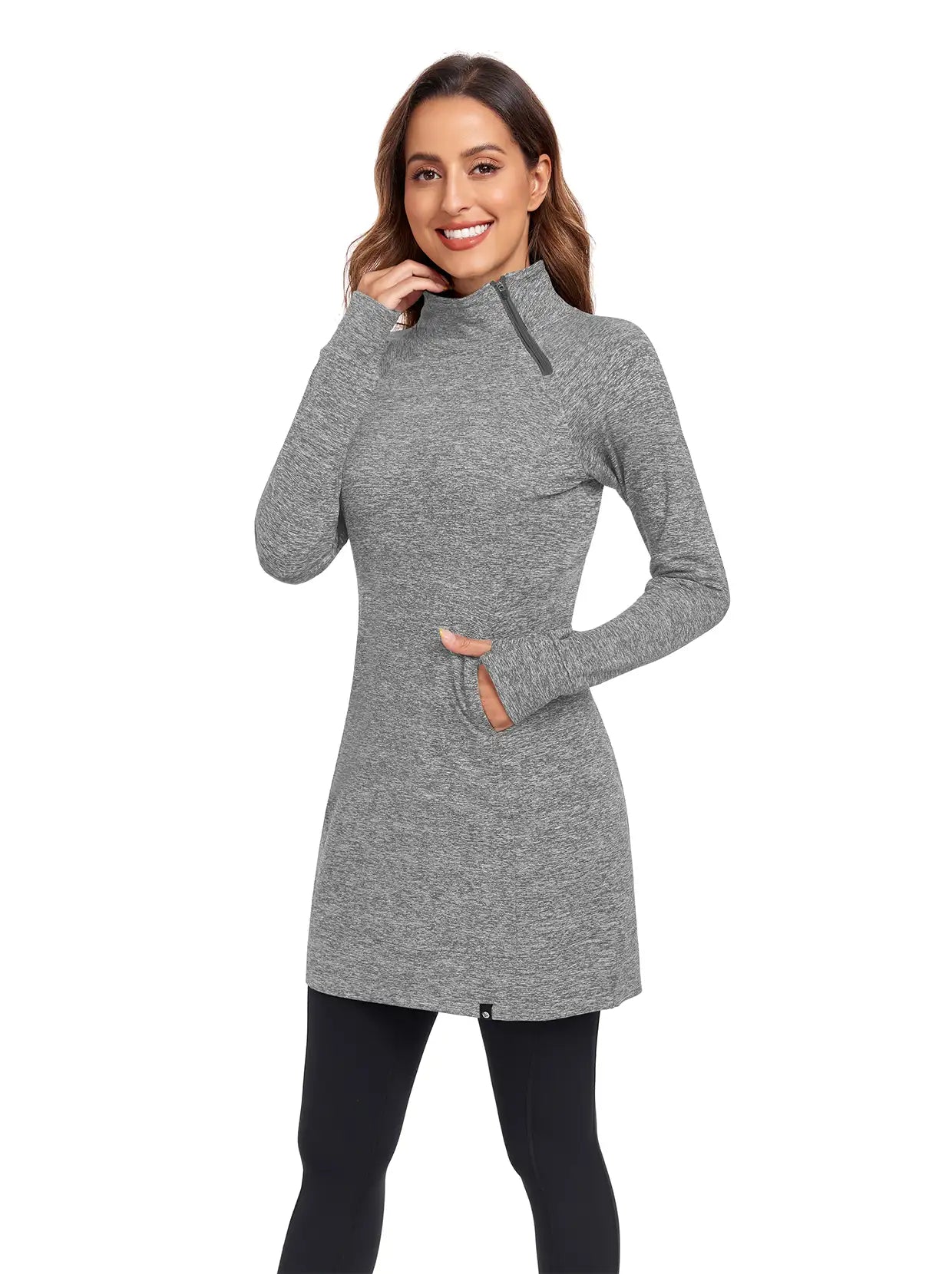 Side-zip Mock Neck Long-sleeve Fleece Dress for Women