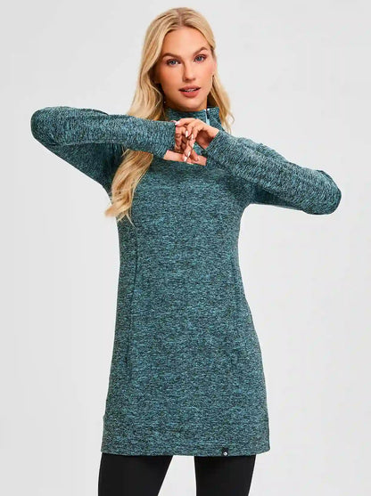 Side-zip Mock Neck Long-sleeve Fleece Dress for Women