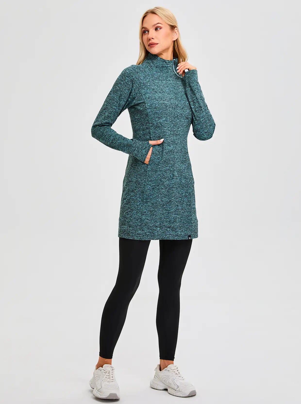 Side-zip Mock Neck Long-sleeve Fleece Dress for Women