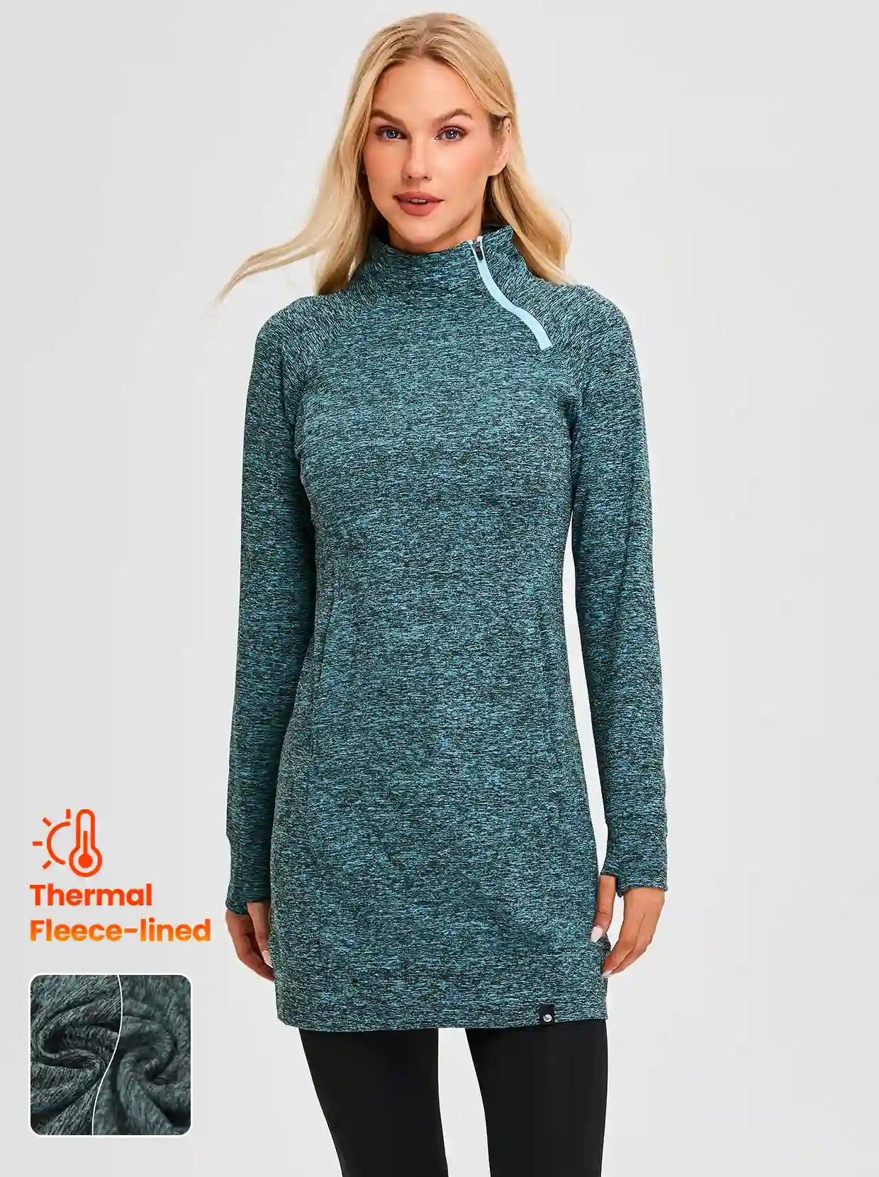 Side-zip Mock Neck Long-sleeve Fleece Dress for Women