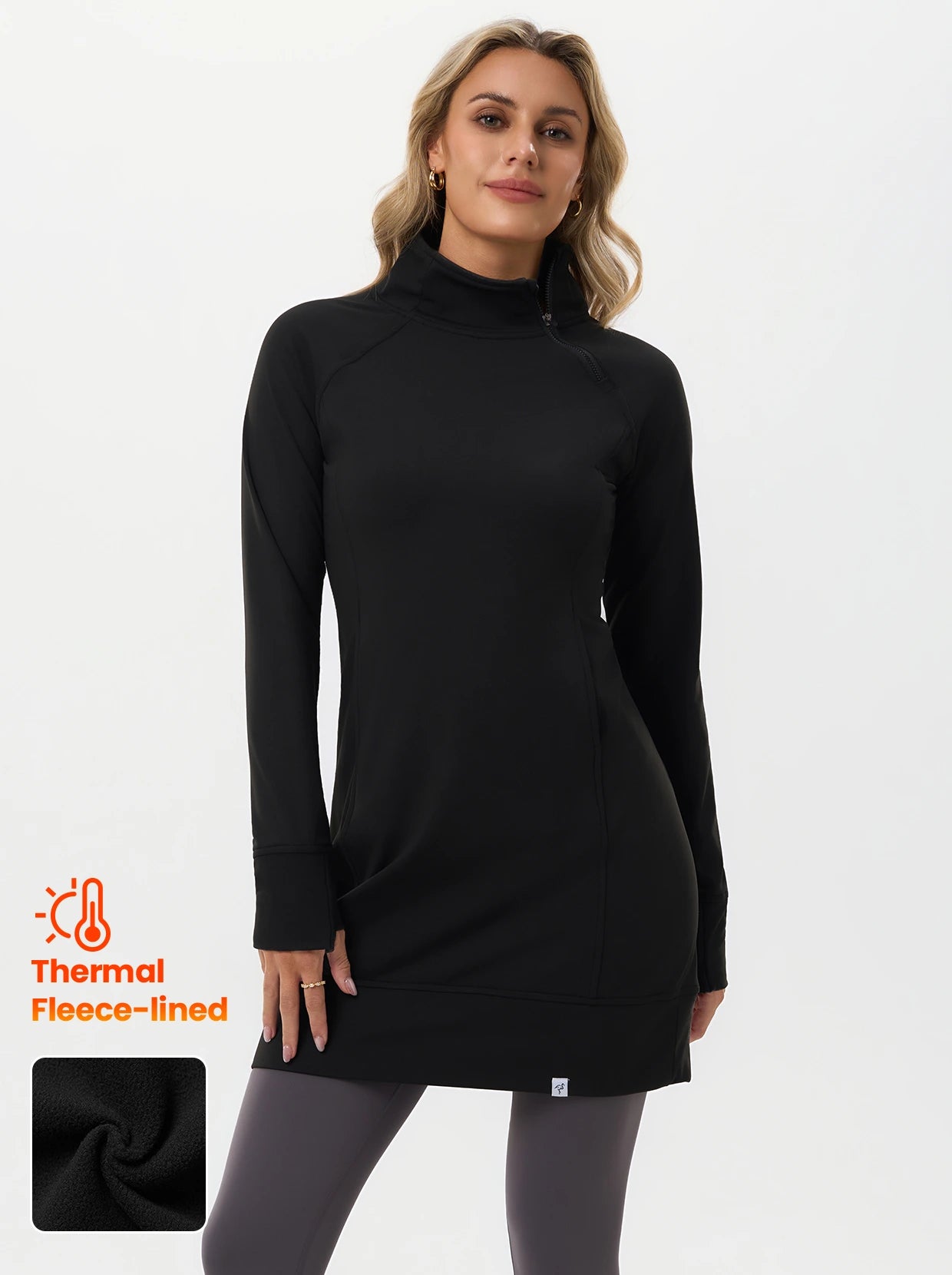 Basic Side-zip Long-sleeve Thermal Dresses with Pockets