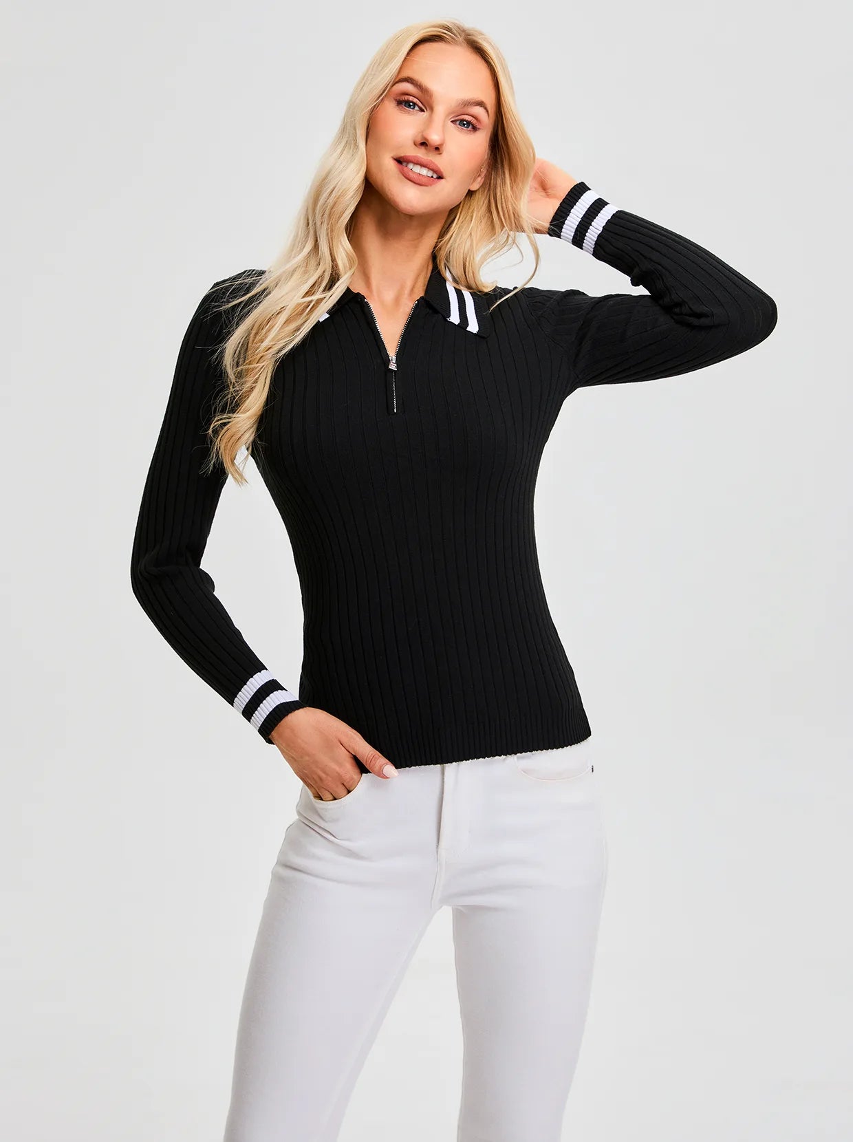 Contrast Quarter-zip Long-sleeve Knitted Polo Shirt for Women