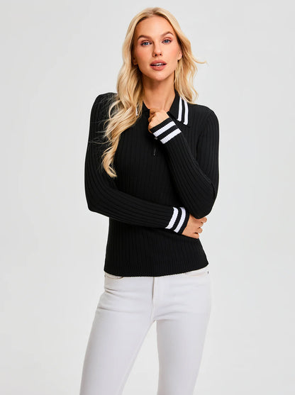 Contrast Quarter-zip Long-sleeve Knitted Polo Shirt for Women