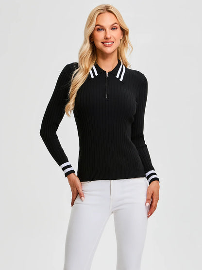 Contrast Quarter-zip Long-sleeve Knitted Polo Shirt for Women