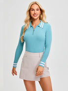 Contrast Quarter-zip Long-sleeve Knitted Polo Shirt for Women