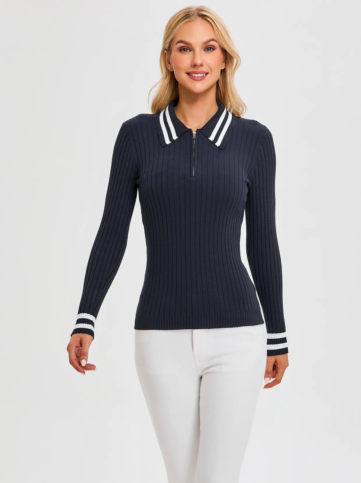 Contrast Quarter-zip Long-sleeve Knitted Polo Shirt for Women